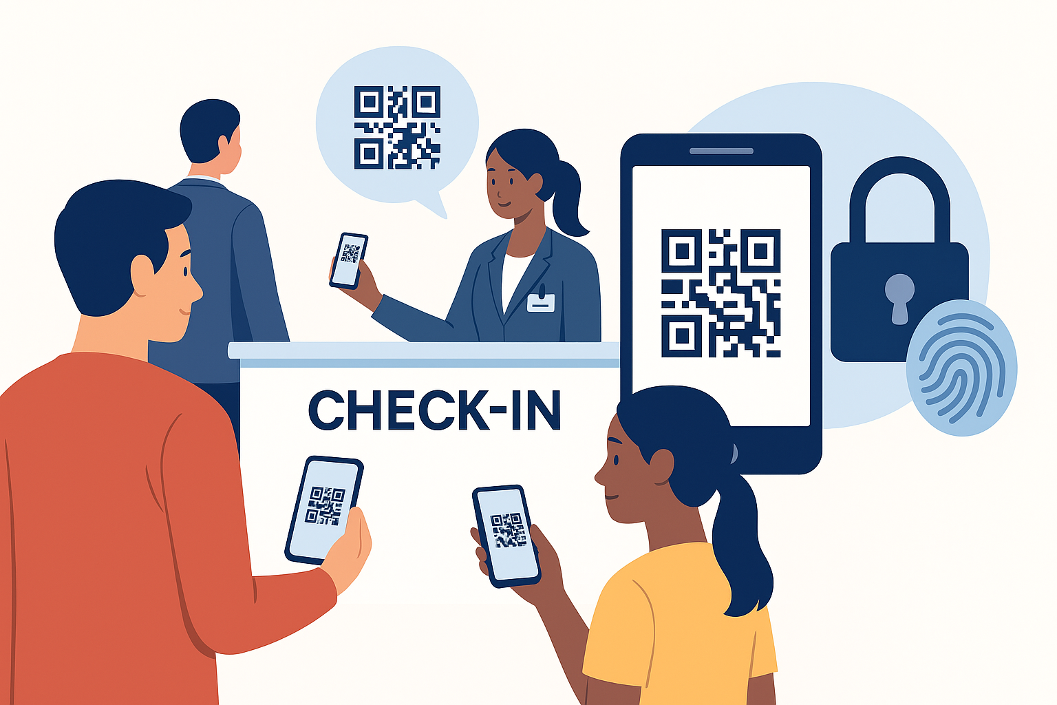People checking in with smartphones and QR codes at an event.